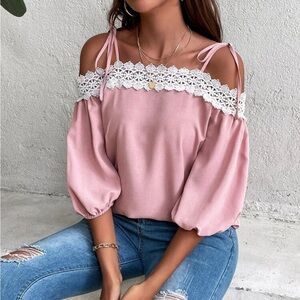 Women Contrast Lace Knot Off Shoulder Lantern Sleeve Blouse